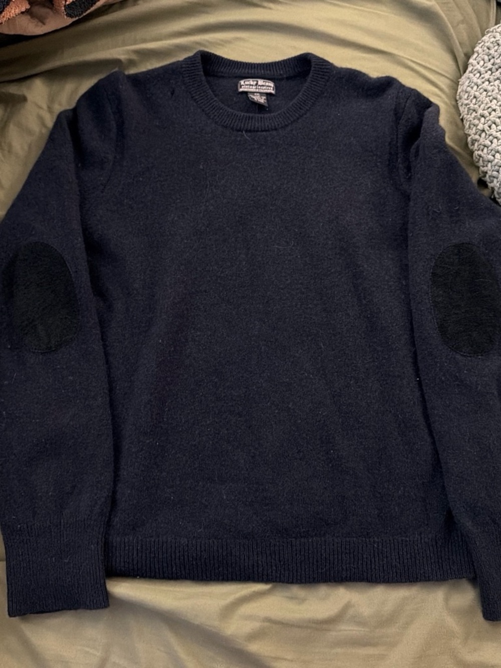 Lucky Brand Men's Navy Crewneck Sweater with Black Elbow Patches